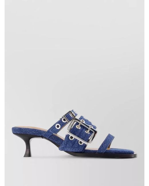 Ganni Blue Buckle Strap Mule Sandals Cotton Kitten Heel