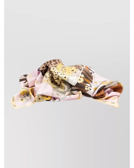 Fendi Brown Silk Foulard Square Shape Floral Print