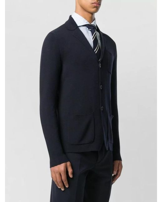 Drumohr Blue Knit Jacket Long Sleeves Front Pockets Lapels for men