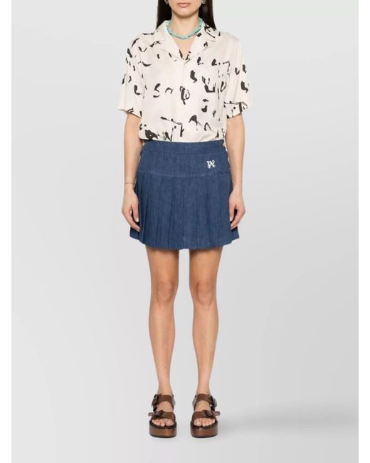 Palm Angels Blue Linen Logo-Embroidered Pleated Miniskirt