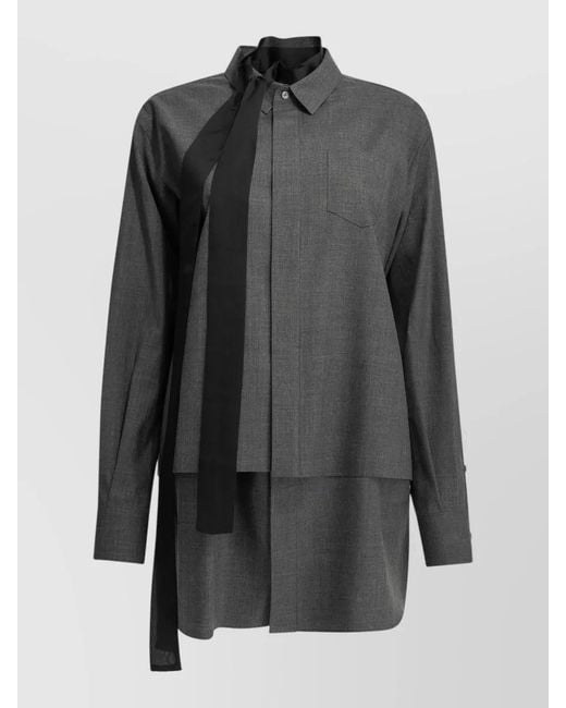 Sacai Gray Wool Shirtdress Chest Pocket Tie Detail