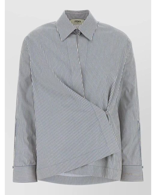 Fendi Gray Striped Asymmetric Long-Sleeve Cotton Shirt for men