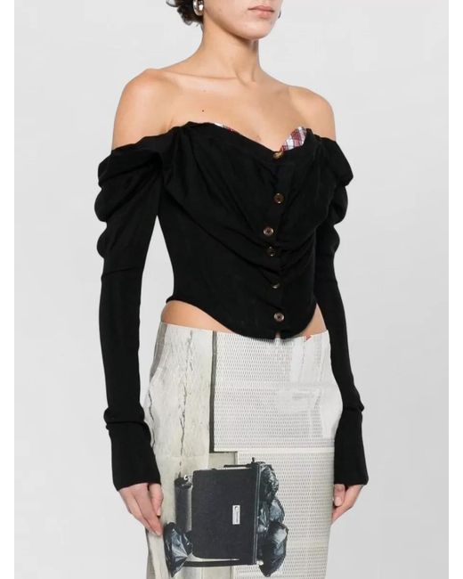 Vivienne Westwood Black Silk Wool Ruched Square Neck Long Sleeve Blouse