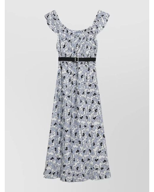 Prada White Off Shoulder Belted Midi Dress Floral
