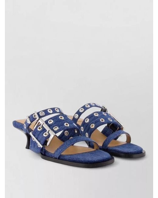 Ganni Blue Buckle Strap Mule Sandals Cotton Kitten Heel