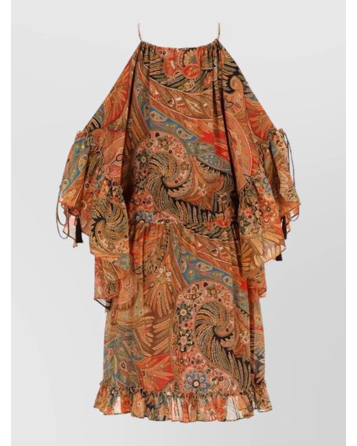 Etro Brown Off Shoulder Dress Paisley Pattern Ruffles