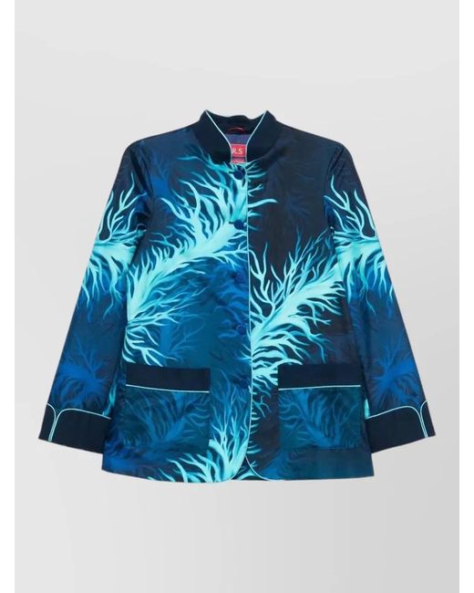 F.R.S For Restless Sleepers Blue Silk Jacket Contrast Piping Front Pockets