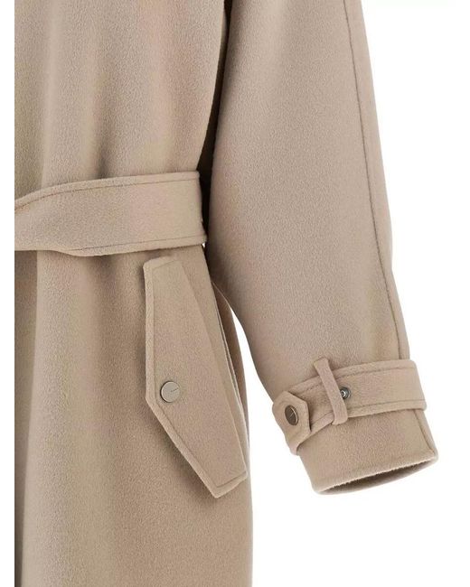 Pinko Natural Long Hooded Coat Belted Waist Raglan Sleeves