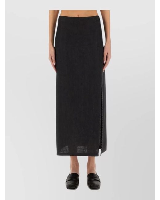 Alysi Black Linen Maxi Skirt Slit High Waist