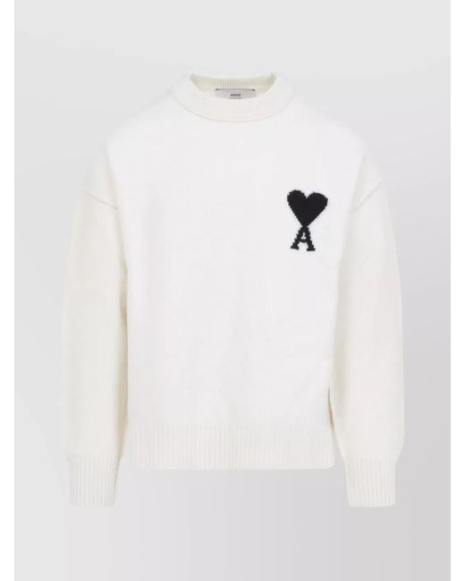 AMI White Ribbed Crewneck Sweater With Cuffs And Hem for men
