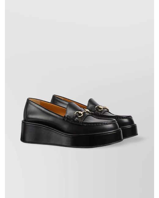Gucci Black Horsebit Detail Wedge Loafers