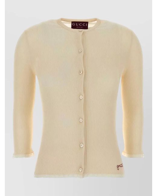 Gucci Natural Cotton Cardigan Ribbed Texture Frayed Hem