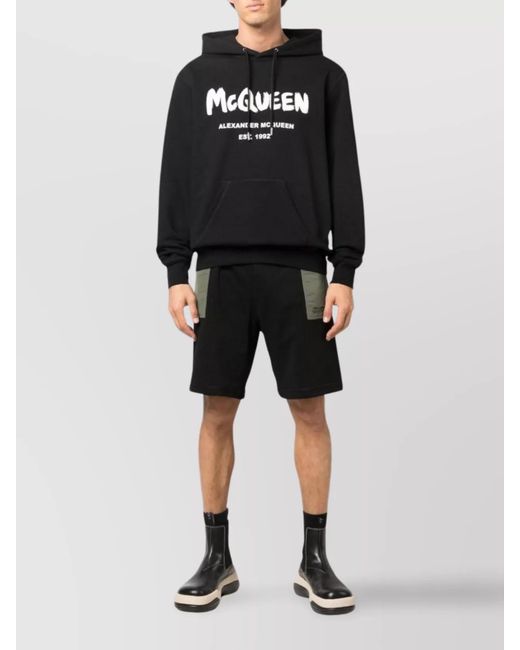 McQueen Black Cotton Logo Print Knee-Length Track Shorts for men