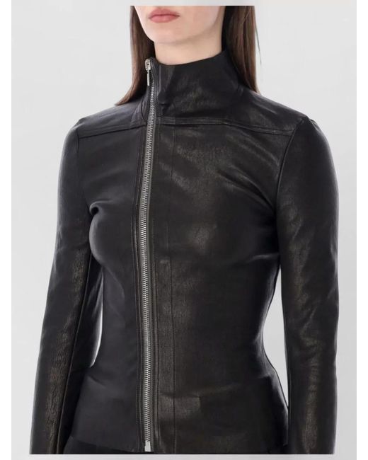 Rick Owens Black Leather High-Neck Asymmetric-Zip Long-Sleeve Jacket