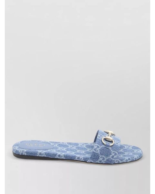 Gucci Blue Slides Horsebit Detail Denim Sole