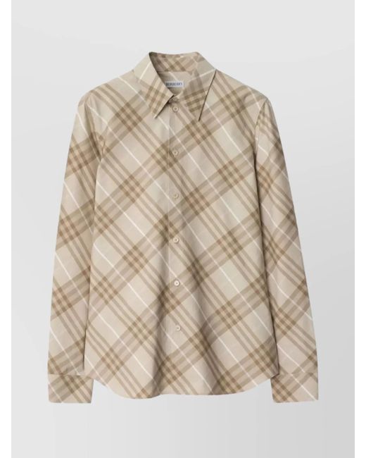Burberry Natural Long Sleeve Collared Top With Plaid Design