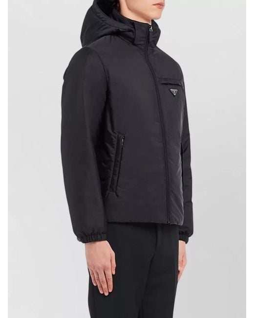 Prada Black Hooded Coat Elasticated Cuffs Side Pockets for men