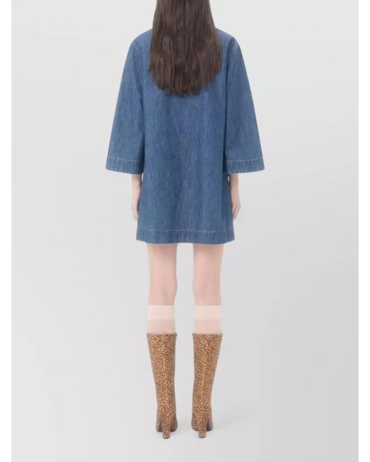 Valentino Blue Denim V-Neck Three-Quarter Sleeve Mini Dress