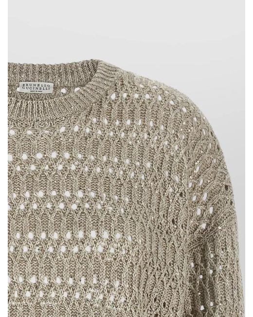 Brunello Cucinelli Gray Braided Linen Blend Sequin Knit Sweater