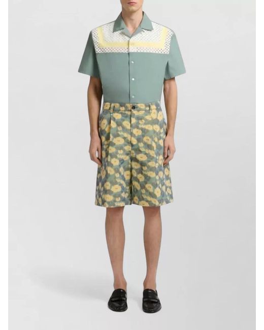Marni Green Pleated Floral Print Linen Blend Shorts for men