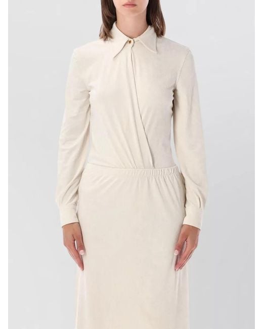 Alberta Ferretti Natural Stretch Velvet Dress Collared Long Sleeves