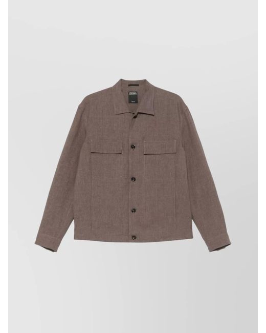 Zegna Brown Linen Shirt With Buttoned Cuffs And Collar for men