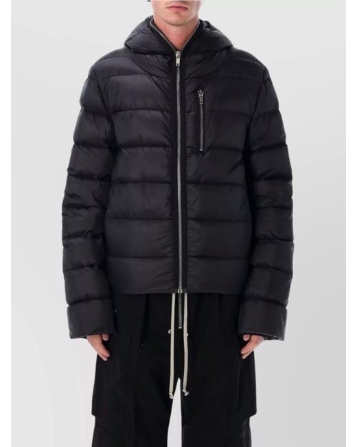 Rick Owens Black Hooded Quilted Jacket Chest Pocket for men