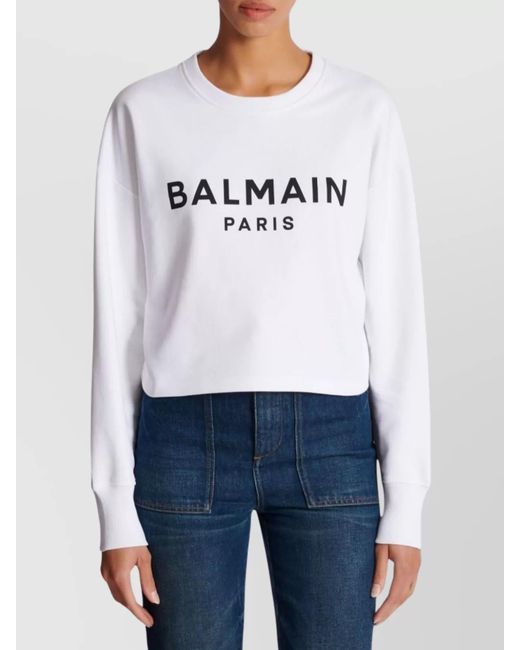 Balmain White Organic Cotton Logo-Print Cropped Sweatshirt
