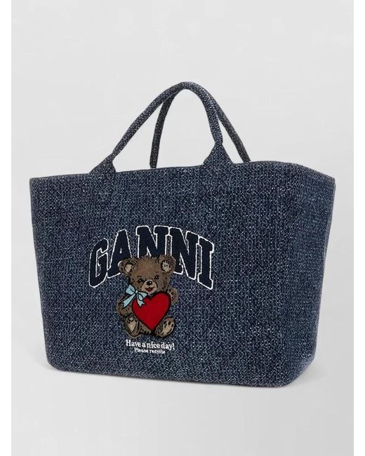 Ganni Blue Medium Tote Bag Embroidered Design Handles