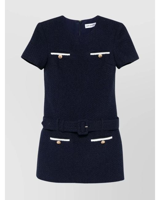 Self-Portrait Blue Mini Dress With Belted Waist And Pockets