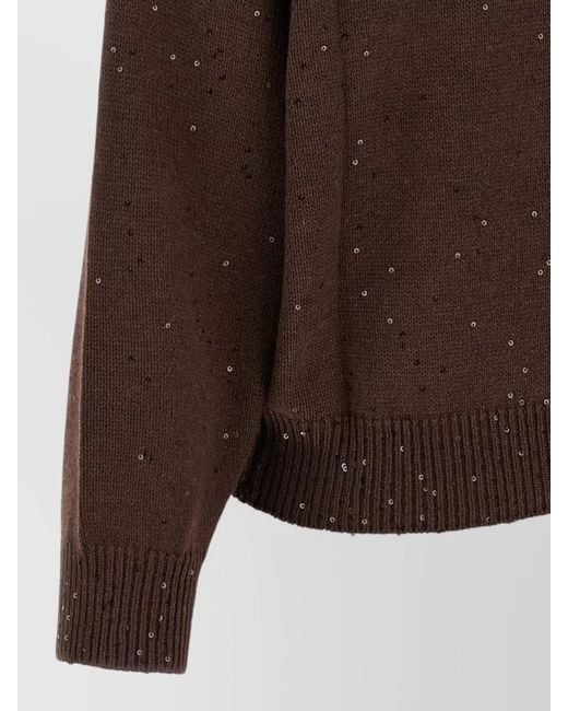 Brunello Cucinelli Brown Diamante Sequin Cashmere Silk Crew Sweater