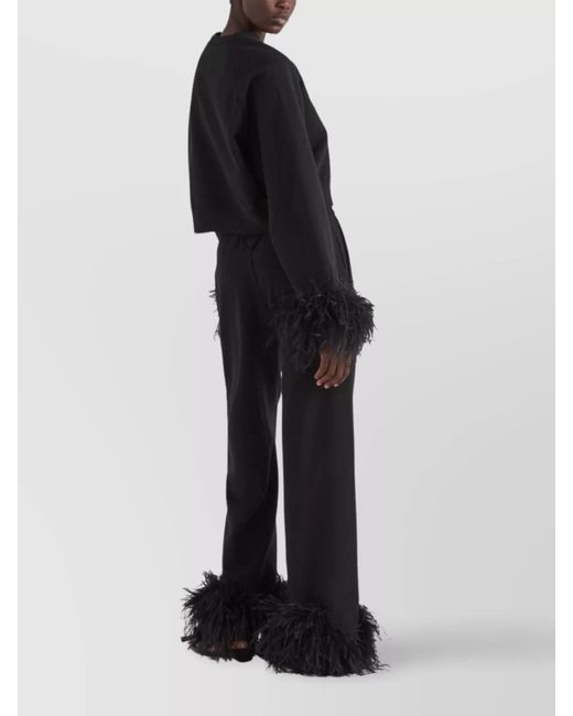 Prada Black Feather Trim High-Rise Wide-Leg Trousers
