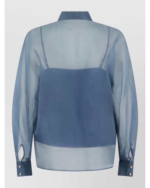 Max Mara Blue Silk Shirt Relaxed Fit Floral Embroidery