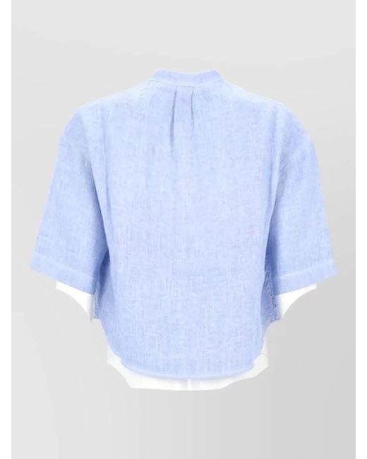 120% Lino Blue Embroidered Jacket Layered Design Mandarin Collar