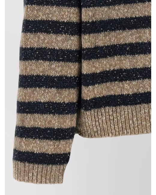 Brunello Cucinelli Gray Striped Sequin Knit Crew Neck Sweater
