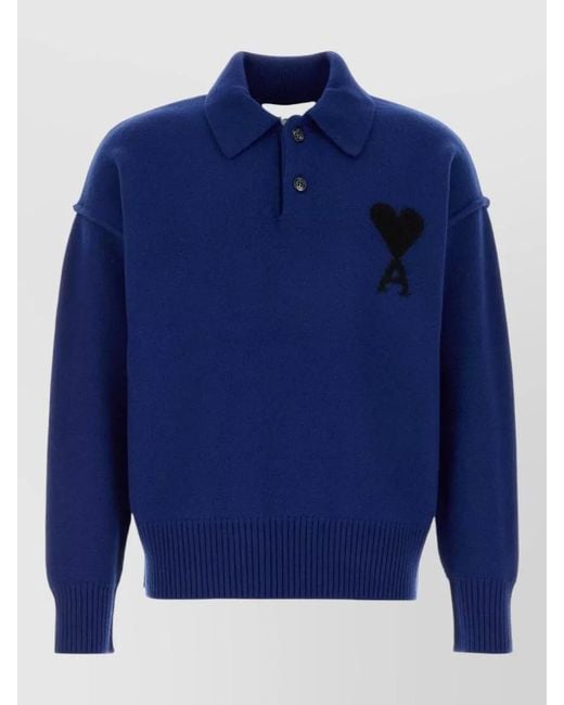 AMI Blue Long Sleeve Wool Polo Shirt Ribbed Hem for men