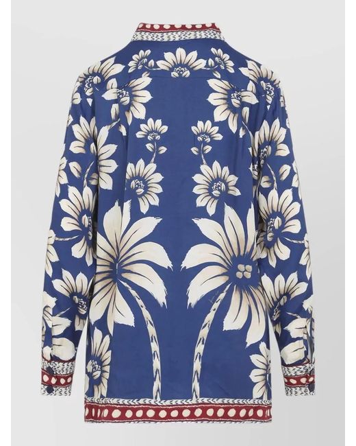 Farm Rio Blue Long Sleeve Pajama Shirt Contrast Trim Floral