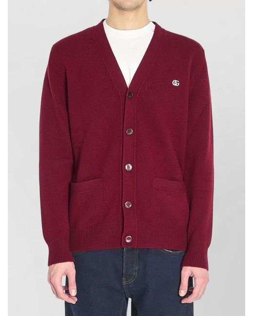 Gucci Red Cashmere Wool Ribbed V-Neck Cardigan for men