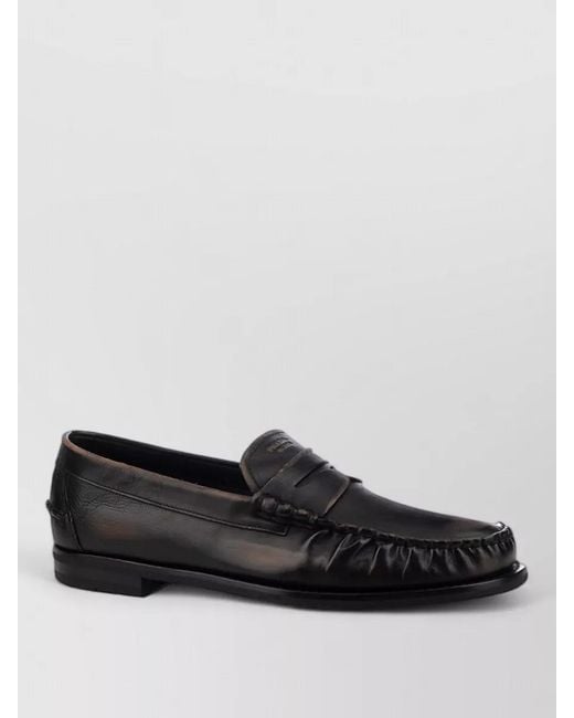 Prada Black Leather Loafers Moccasin Stitching Round Toe for men