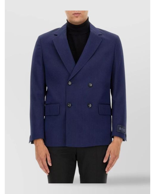Boss Blue Virgin Wool Double-Breasted Blazer for men