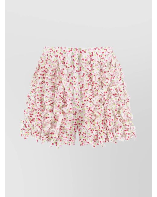 MSGM Pink Cotton Shorts With Floral Print And Ruffle Detailing