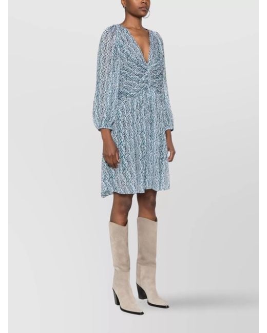 IRO Blue Short Graphic Print Dress With Pleated Skirt