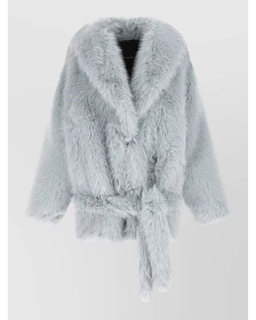 Pinko Blue Faux Fur Coat Shawl Collar Belt