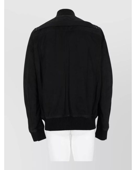 Rick Owens Black Coat Ribbed Cuffs Hem Stand Collar Pockets for men