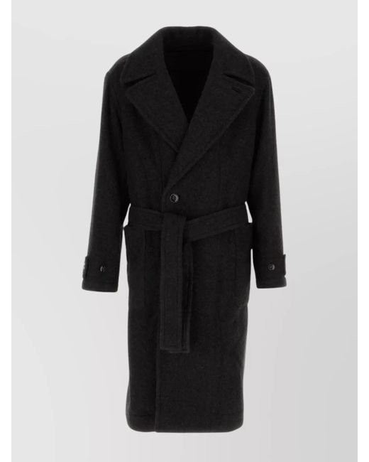 Lemaire Black Wool And Alpaca Long Coat With Belt for men