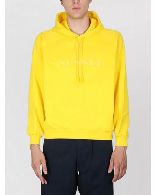Sunnei Yellow Hooded Cotton Sweatshirt Ribbed Cuffs Hem