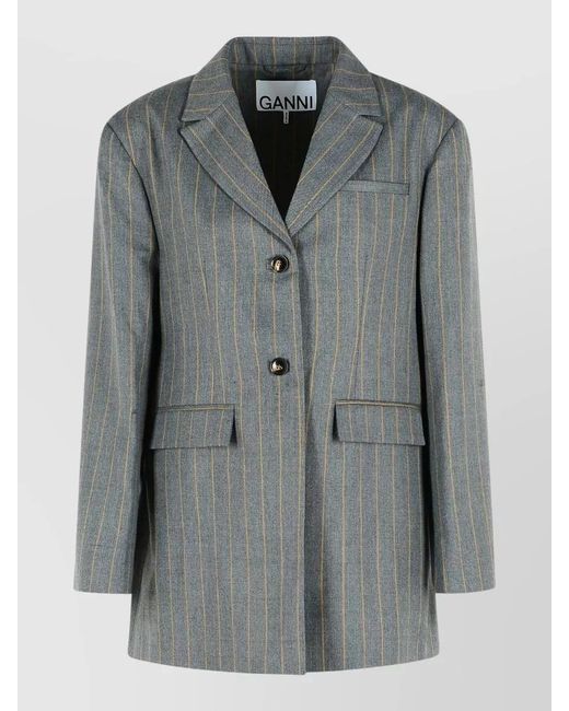 Ganni Gray Wool Blend Blazer Striped Notch Lapel