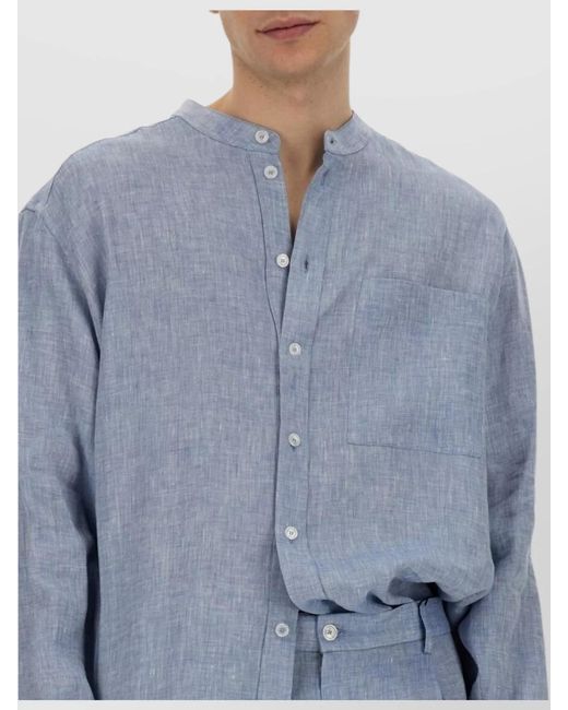 Dolce & Gabbana Blue Linen Oversized Mandarin Collar Shirt for men