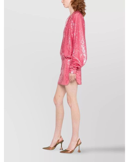 The Attico Pink Sequined V-Neck Long-Sleeve Mini Dress