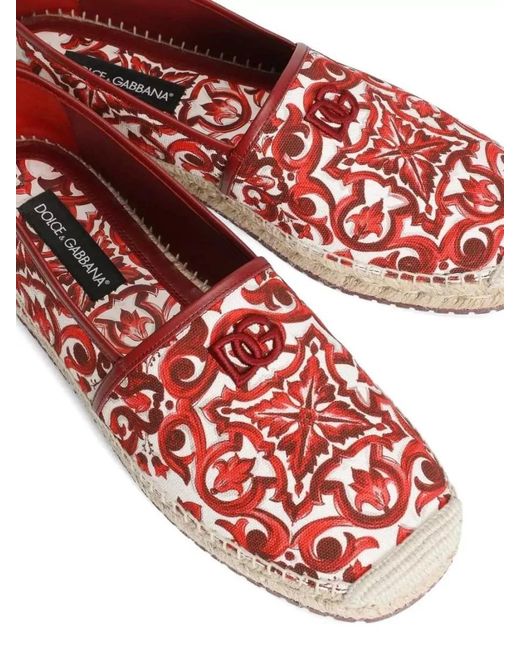 Dolce & Gabbana Red Espadrilles Canvas Majolica Print Leather Heel for men